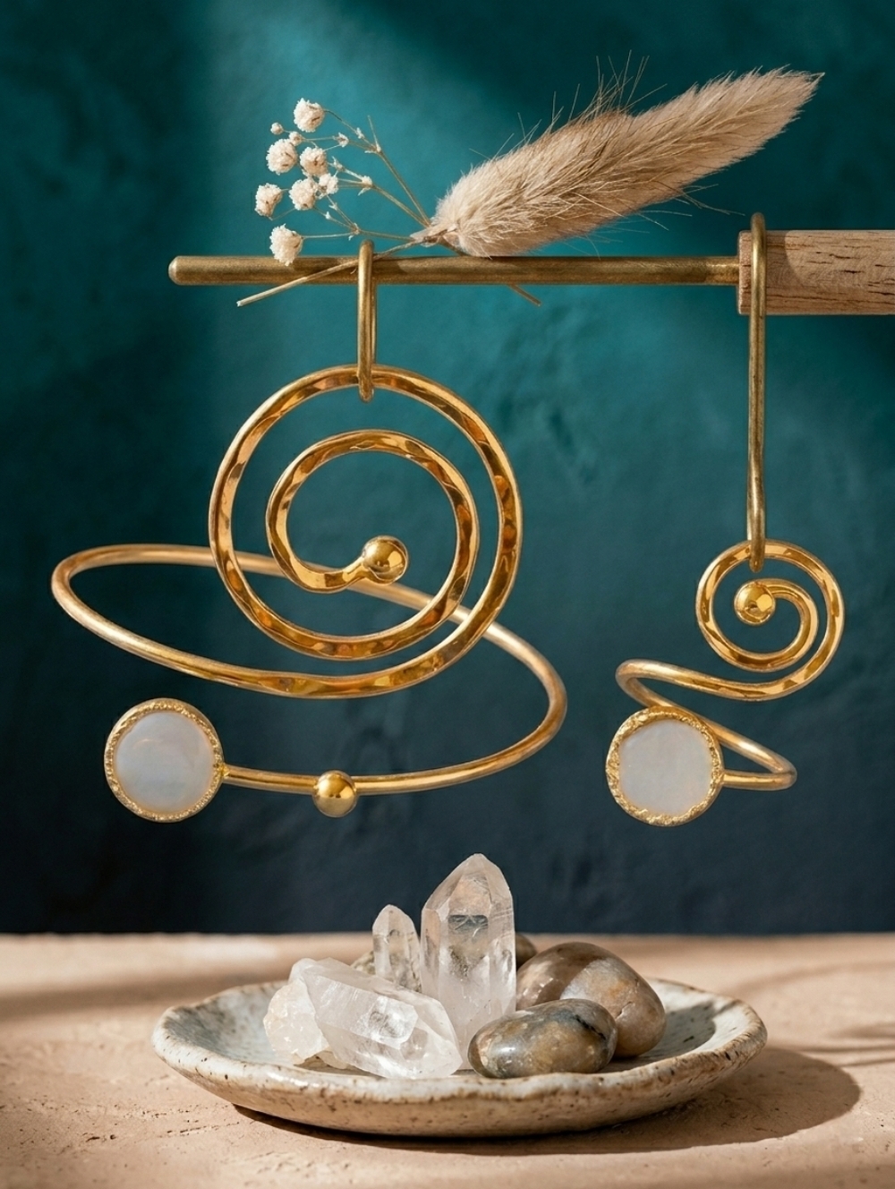 Artisan 18K Gold Plated Spiral Set Mother of Pearl Ring and Bracelet Boho
